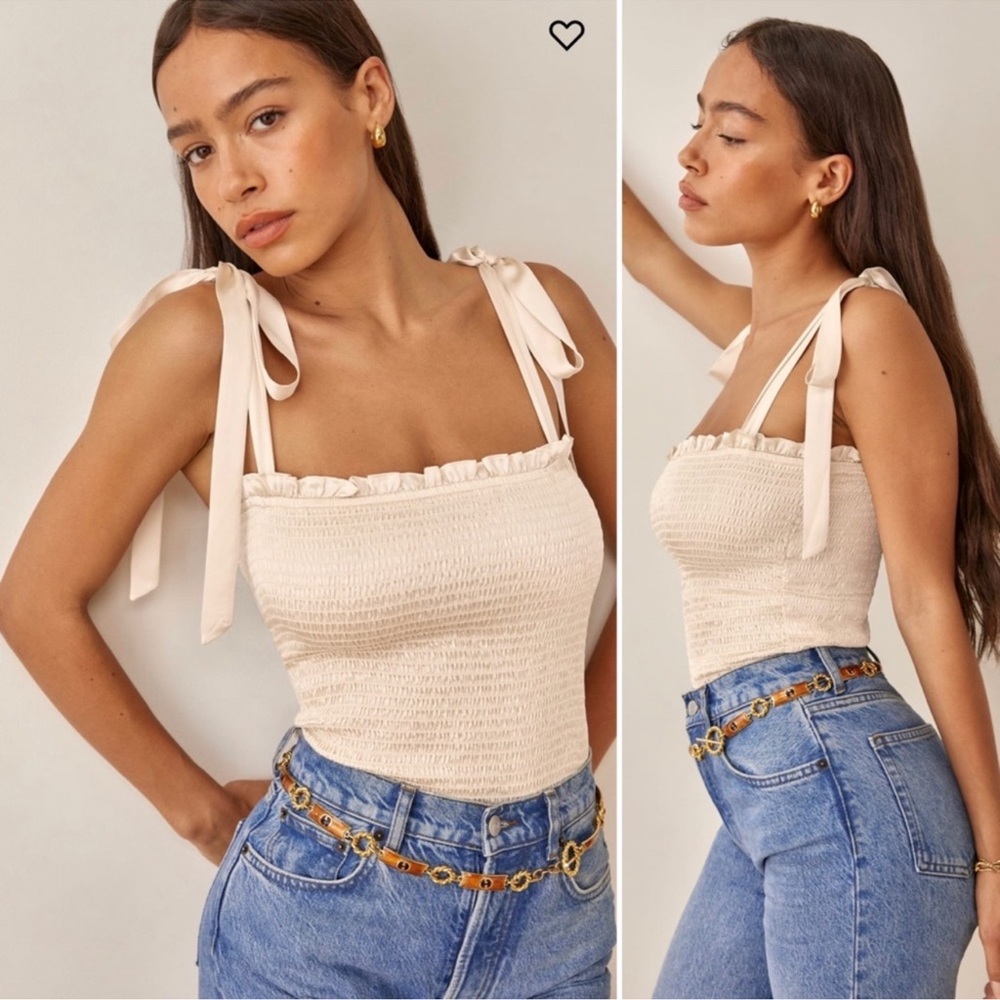 Reformation Cream Smocked Tank Top with Tie Front